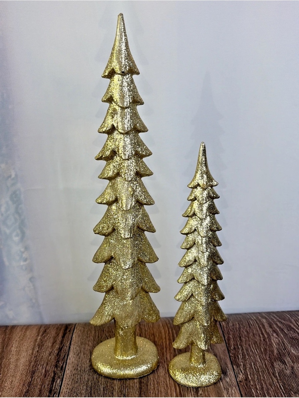 Set of 2 Resin Gold Glitter Pine Christmas Trees  Approx 9" & 13"